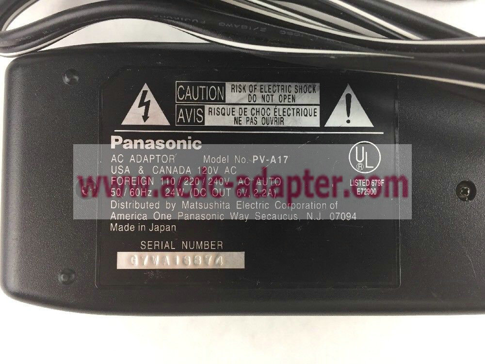New Panasonic Video 6V 2.2A AC Adapter for PV-A17 VHS Camcorder